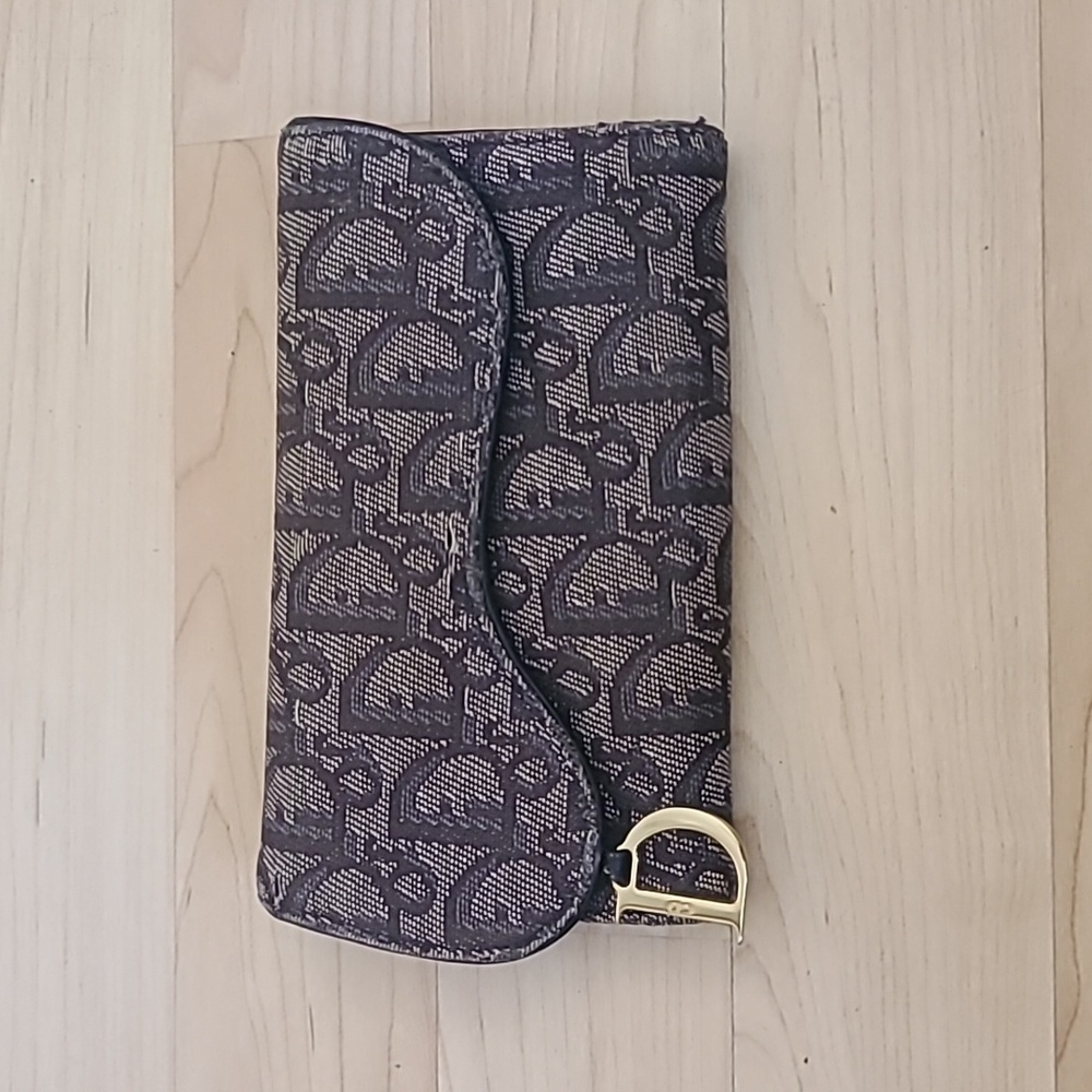 Christian Dior CD Saddle Navy Blue GHW Logo Trifold Flap Long Wallet Authentic